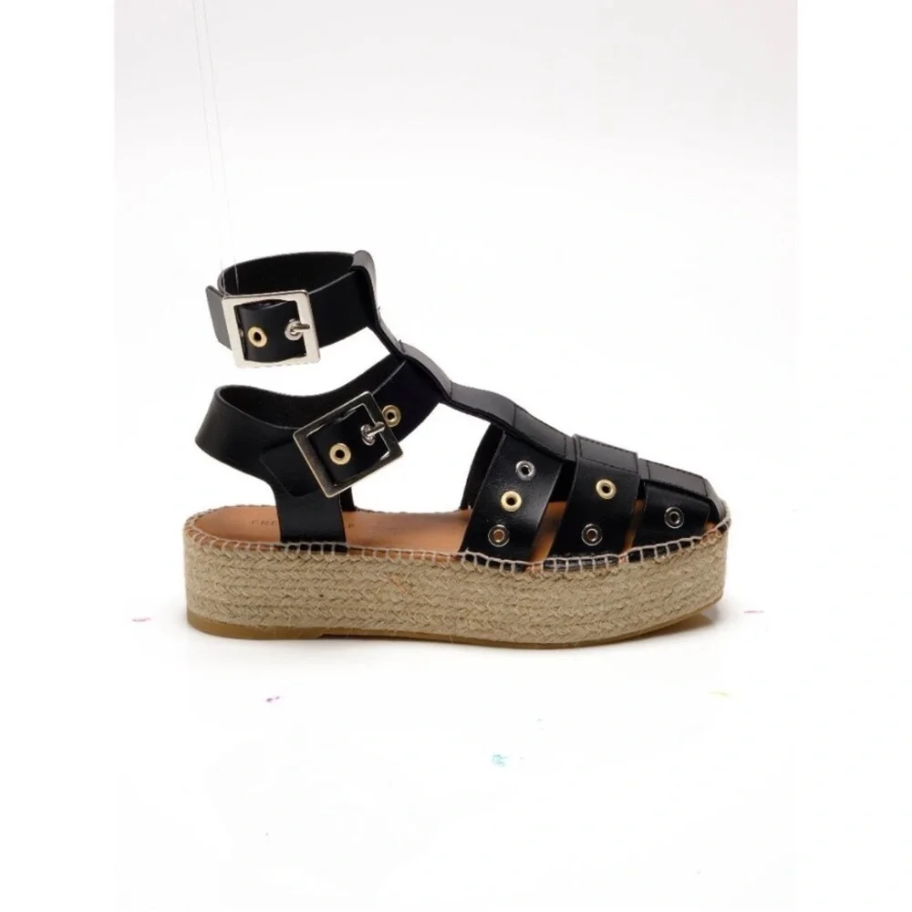 New Free People Black Glad Leather Espadrille Womens 10